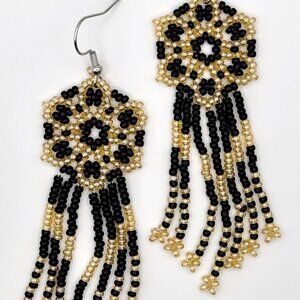 3 1/2" Boho Gold & Black Flower Tasseled Hand Beaded Tassel Dangle Earrings New